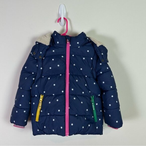 Mini Boden Toddler Girls Navy White Star Winter Coat w/ Hoodie Size 4 to 5 - Picture 1 of 12